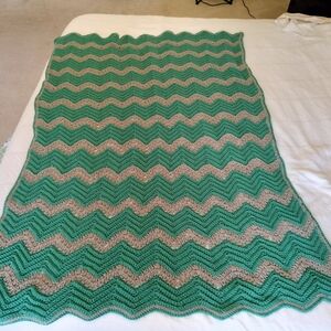 Handmade Crocheted Afghan Teal Green And Gray 65 X 52 Inches